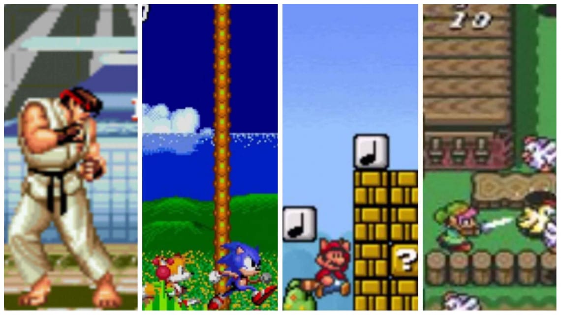Una imagen con capturas de videojuegos clásicos: "Street Fighter", "Sonic the Hedgehog", "Super Mario Bros" y "The Legend of Zelda".