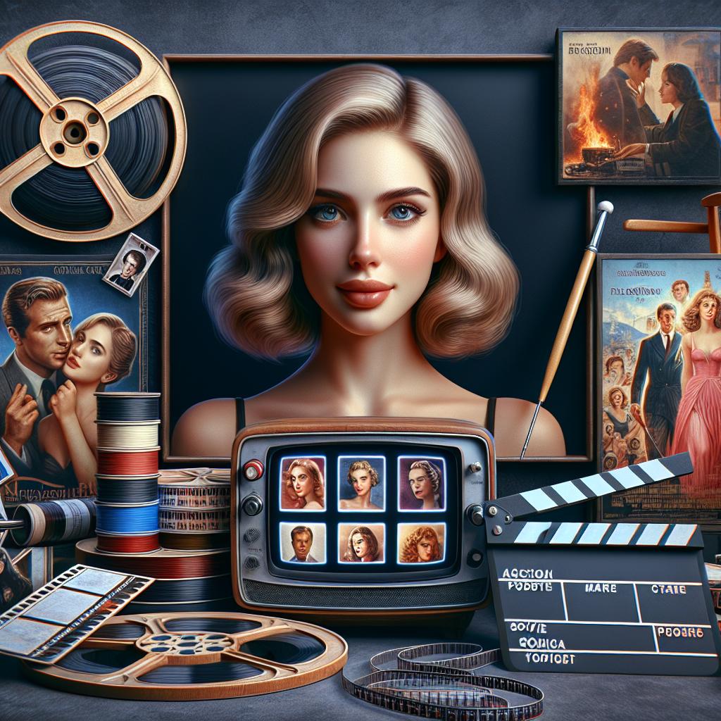 Una colección de carretes de película vintage, una claqueta y carteles de cine rodean una pantalla digital que muestra un collage de imágenes protagonizadas por Lily-Rose Depp. bogartmagazine.mx